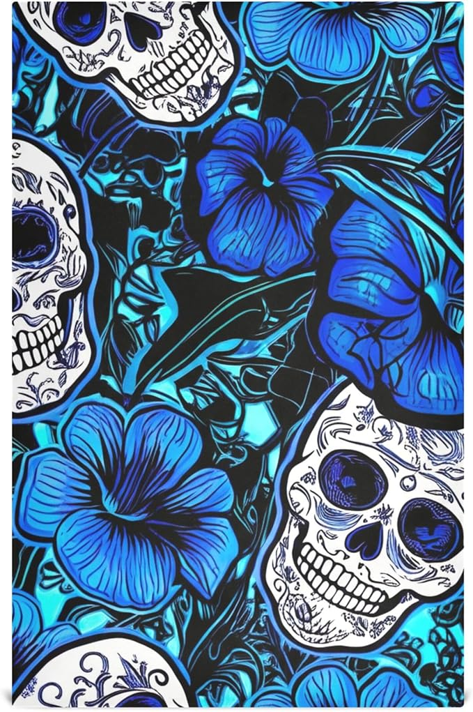 Joisal Blue Flowers Sugar Skulls Blue Kitchen Dish Towel Set Decorative Cute Hand Tea Towel Dishwashing Rags Thin Quick Drying 18 x 28 Inch, 1 Pack - sugar skull beach towel