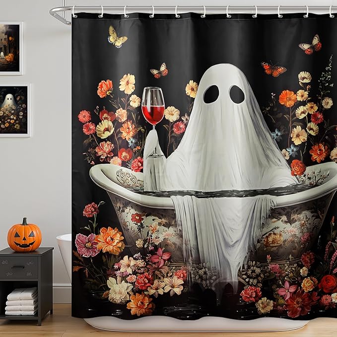 MelonBoat Halloween Shower Curtain: Rustic Ghost Halloween Shower Curtain Set, Funny Bathroom Decorations for Home Window Farmhouse Indoor Decor, 72' x 72' - sugar skull shower curtain set