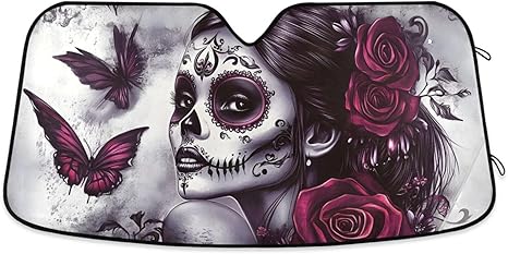 Gothic Sugar Skull Purple Car Windshield Sunshade Foldable Car Sun Shade Cover, Reflector Sunshade Cool Your Vehicle Interior, Fits Truck SUV - sugar skull car sunshade for windshield