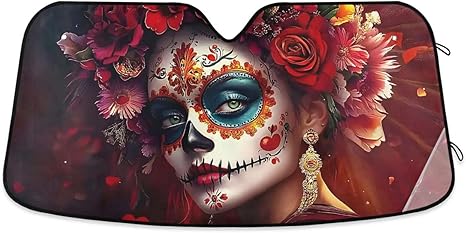 Sugar Skull Woman Car Windshield Sunshade Foldable Car Sun Shade Cover, Reflector Sunshade Cool Your Vehicle Interior, Fits Truck SUV - sugar skull car sunshade for windshield