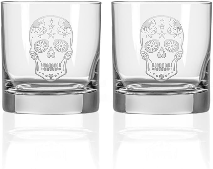 Rolf Glass Sugar Skull On the Rocks Glass | Set of 2 Etched 11oz Whiskey Glasses | Made in America | Mardi Gras Tumblers - sugar skull tumbler with straw