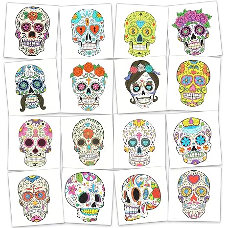 Day of the Dead Temporary Tattoos for Kids, 20 Sheets Sugar Skull Tattoos Waterproof Dia De Los Muertos Tattoo for kids Boys Girls Mexican Festival Carnival Halloween Party Supplies Decorations - sugar skull temporary tattoo