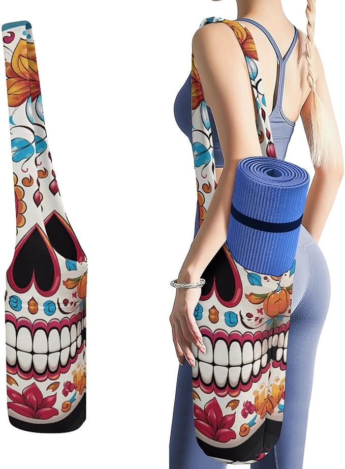 Colorful Sugar Skull Yoga Mat Bag, Durable Canvas Yoga Mat Storage Bag with Water Bottle Pocket And Bottom Wet Bag, Fits Most Size Yoga Mats - sugar skull yoga mat