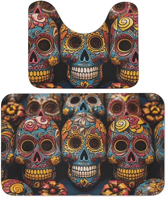 Colorful Sugar Skulls Floor Mat Set of 2 Absorbent Coral Velvet Bathroom Mat Bathroom Rugs U Shape Contour Rug Shower Mats for Bedroom Bathrooms - sugar skull floor mat
