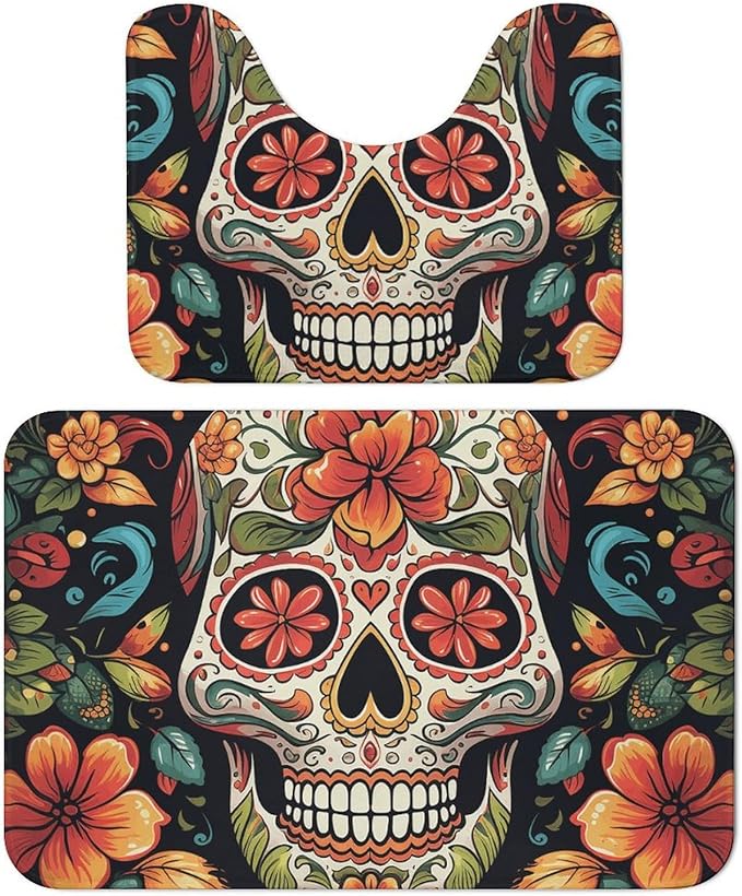 Colorful Sugar Skull Floor Mat Set of 2 Absorbent Coral Velvet Bathroom Mat Bathroom Rugs U Shape Contour Rug Shower Mats for Bedroom Bathrooms - sugar skull floor mat