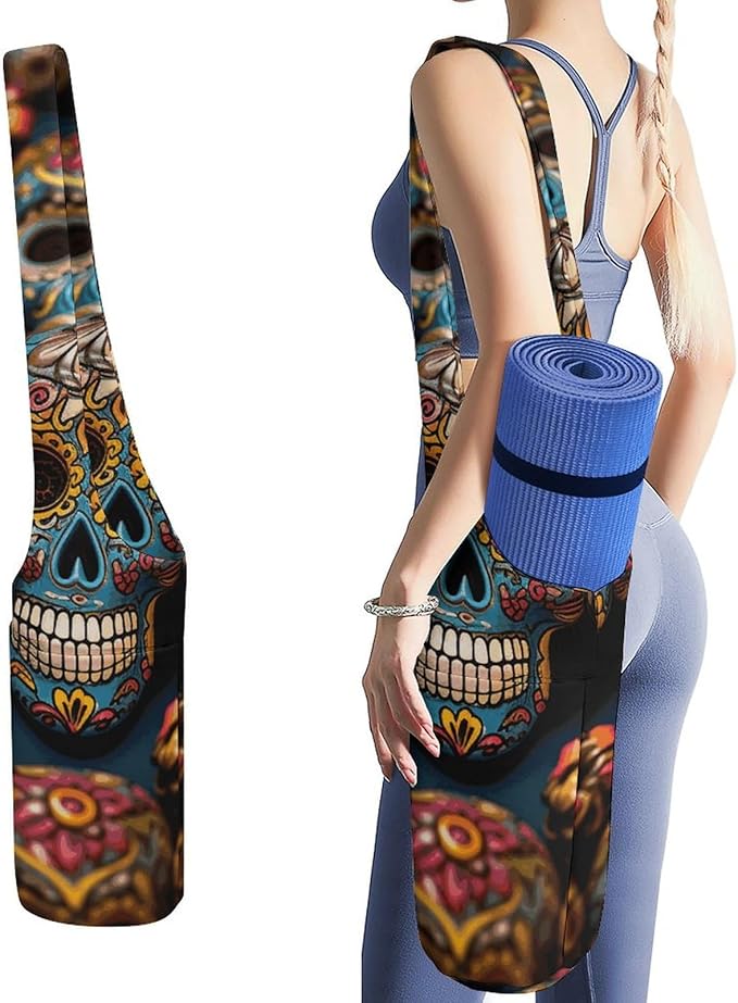 Colorful Sugar Skulls Yoga Mat Bag, Durable Canvas Yoga Mat Storage Bag with Water Bottle Pocket And Bottom Wet Bag, Fits Most Size Yoga Mats - sugar skull yoga mat