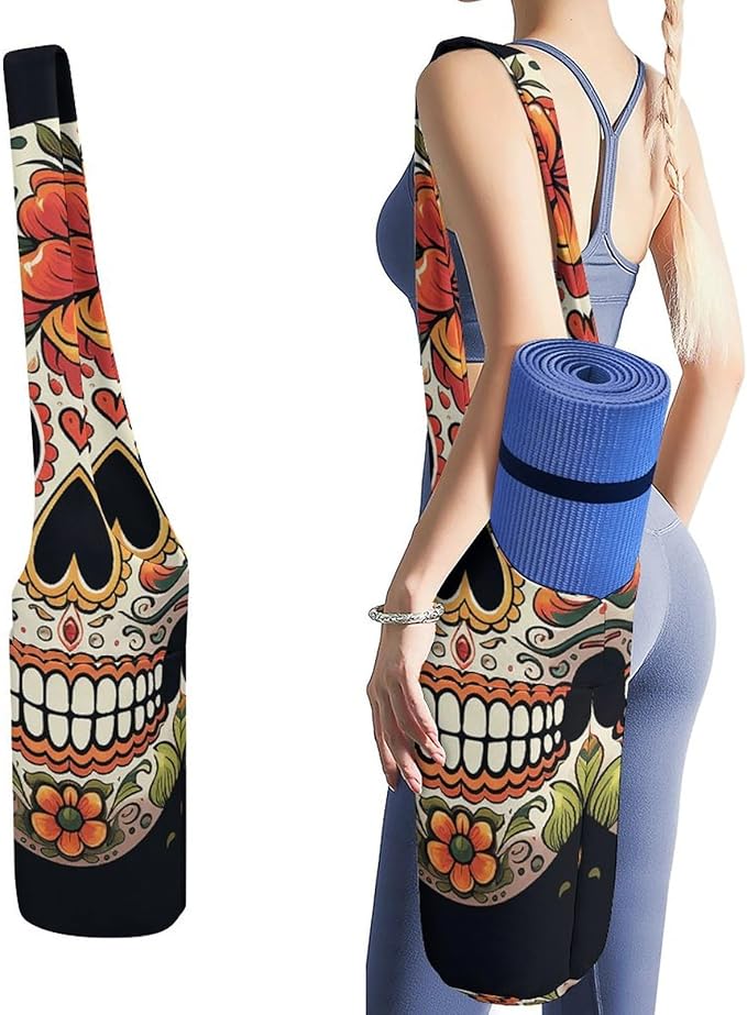 Colorful Sugar Skull Yoga Mat Bag, Durable Canvas Yoga Mat Storage Bag with Water Bottle Pocket And Bottom Wet Bag, Fits Most Size Yoga Mats - sugar skull yoga mat