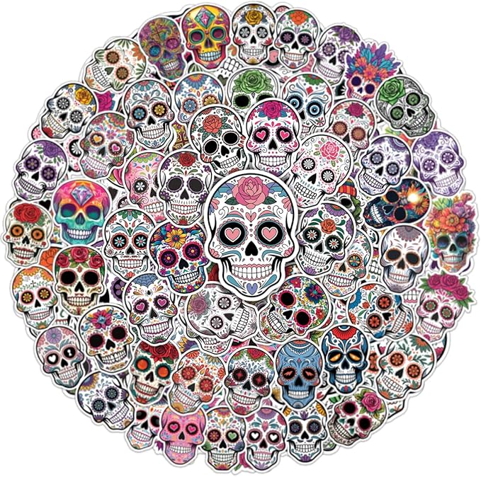 64pcs Skull Stickers -Candy Sugar Skull Sticker Waterproof Decals for Water Bottles Laptop Luggage Computer Scrapbooking Teens Adults Girls Kids Funny Party Birthday Decorations - sugar skull temporary tattoo