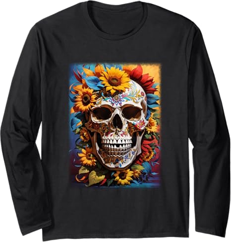 Sugar Skull with Sunflowers Designs - sugar skull long sleeve shirt mens