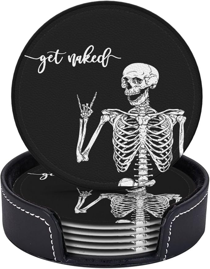 6 Pcs Black Funny Skull Leather Coasters for Drinks with Holder Coaster Sets Drink Table Cup Coasters for Living Room Kitchen Coffee Decor - sugar skull coasters set