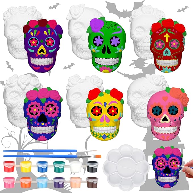 Eersida 6 Set Day of The Dead Sugar Skulls Ceramics to Paint Halloween Ready to Paint Your Own Ceramic Sugar Skulls Statues DIY Unpainted Ceramics Paintable Figurines Kit Crafts with Brush Palette - sugar skull christmas decorations