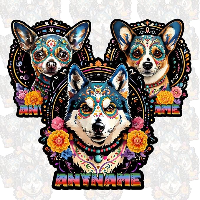Custom Name Sugar Skull Dog Floral Sticker Personalized Text Mexican Day of The Dead Pet Decal Waterproof Vinyl Decal for Water Bottles Tumbler Laptop Hard Hat Car Kindle Gifts for Girl Boy - sugar skull tumbler with straw