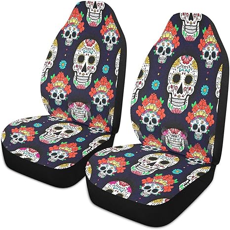 2 Pack Luminous Sugar Skulls Car Seat Covers Front, Universal All-in-One Fit Elastic Breath Car Seat Protector Non-Slip Waterproof Fit for SUV/Trucks/Sedans - sugar skull car seat covers set