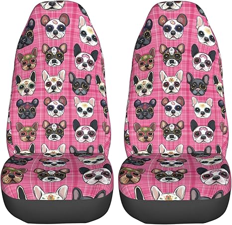 Delerain Car Seat Covers Set 2Pcs, French Bulldogs Sugar Skulls Universal Front Car Seats Vehicle Enterior Protector Suitable Fits Most Car Auto SUV Sedan Truck - sugar skull car seat covers set