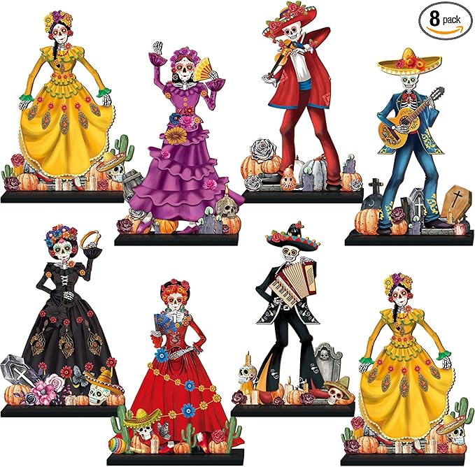 Amyhill 8 Pcs Day of The Dead Table Decorations Dia De Los Muertos Altar Wooden Centerpiece Dancing Couple Sugar Skull Decor Day of The Dead Decor Mexican Tabletop Detachable Sign for Halloween Party - sugar skull figurine collectible
