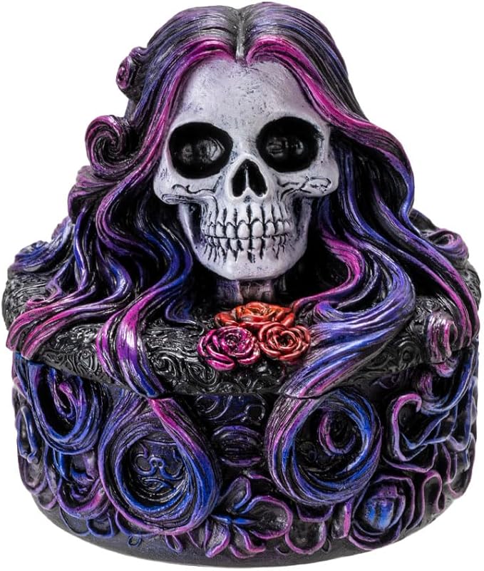 Pacific Giftware D.O.D. Sugar Skull Box with Floral Hair Design and Day of the Dead Aesthetic Ideal for Storing Jewelry Decorative Box - sugar skull figurine collectible