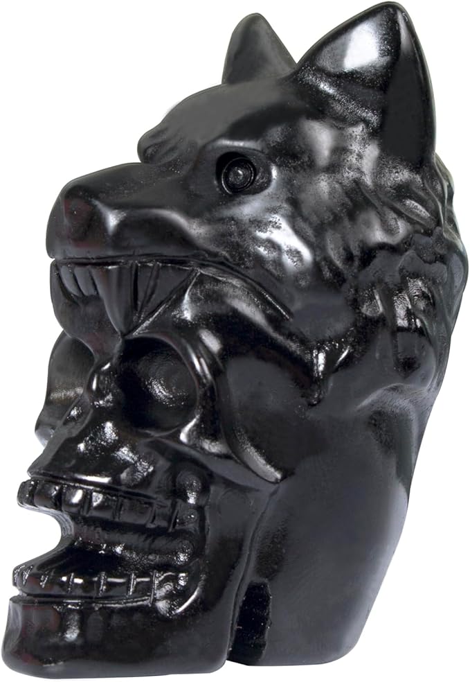 2.17 Inch Crystal Skull with Wolf Head Figurine Decor, Black Obsidian Skull with Wolf Head Statue Decor for Home Office Desk, Hand Carved Healing Crystal Animal Statues Gifts for Women Men - sugar skull figurine collectible