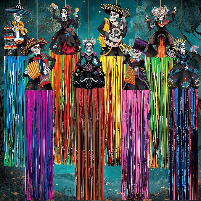 8 Pcs Day of The Dead Sugar Skull Hanging Decorations Outdoor Dia De Los Muertos Party Decorations with Tassels Mexican Day of The Dead Halloween Decor(Black Skull) - sugar skull christmas ornament