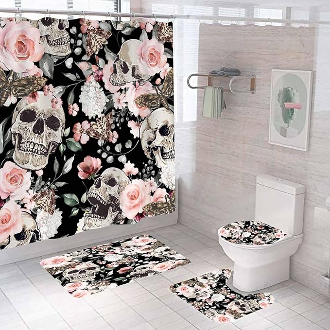 4PCS Sugar Skull Pink Floral Shower Curtain Sets with Rugs, Waterproof Fabric Black Shower Curtain, Aesthetic Hydrangea Rose Flower Plant Leaves Goth Spooky Skeleton Death Moth Bathroom Decor - sugar skull shower curtain set