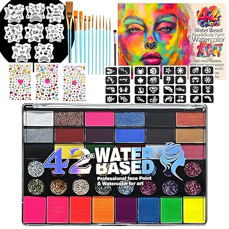 42 Color Face Paint Kit for Kids – Non-toxic Water-Based Makeup Palette with Stencils, Brushes & Gems – Face Painting Kit for Kids Ideal for Halloween, Parties, Festivals, Body Art & More - sugar skull makeup kit