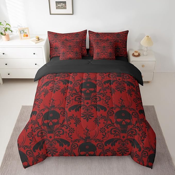 Feelyou Jacquard Damask Bed in a Bag Queen Size Vintage Damask 7 Piece Bedding Set for Boys Girls Decor Sugar Skull Bed Set Includes Comforter, Sheets, Pillowcases & Pillow Covers Vintage Floral - sugar skull throw pillow