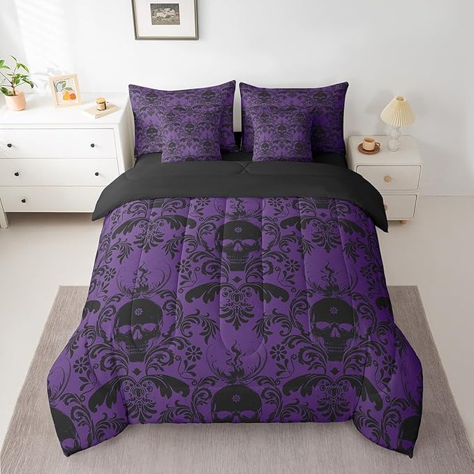 Jacquard Damask Bed in a Bag King Size Vintage Damask 7 Piece Bedding Set for Boys Girls Decor Sugar Skull Bed Set Includes Comforter, Sheets, Pillowcases & Pillow Covers Purple Vintage Floral - sugar skull bedding set