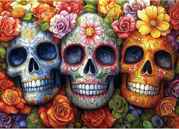 Day of The Dead Sugar Skull Puzzle - 1000 Piece Jigsaw Puzzle for Adults | Halloween & Dia de Los Muertos Decor | Colorful Flower Skeleton Design | Perfect for Family Fun & Gifts - sugar skull poster print