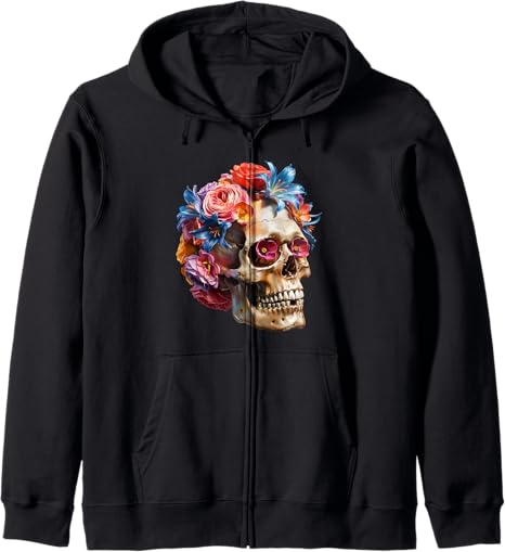 Floral Sugar Skull with Roses Gothic Mycology Desi - sugar skull zip up hoodie mens