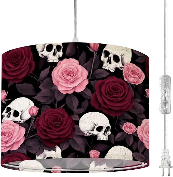 Plug in Pendant Light Black Floral Gothic Leaf Vintage Sugar Skull Red Roses Pink Skulls Hanging Light with Plug in Clear Cord Dimmable Switch Linen Shade Hanging Lamp Fixture for Bedroom Kitchen - sugar skull table lamp