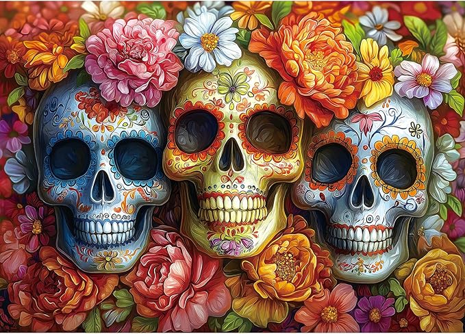 Halloween Sugar Skulls Floral 1000 Piece Jigsaw Puzzle for Adults Colorful Day of The Dead Challenging Mexican Folk Art Puzzle for Game Night Unique Gift for Puzzle Lovers (27x20 Inches) - sugar skull poster print