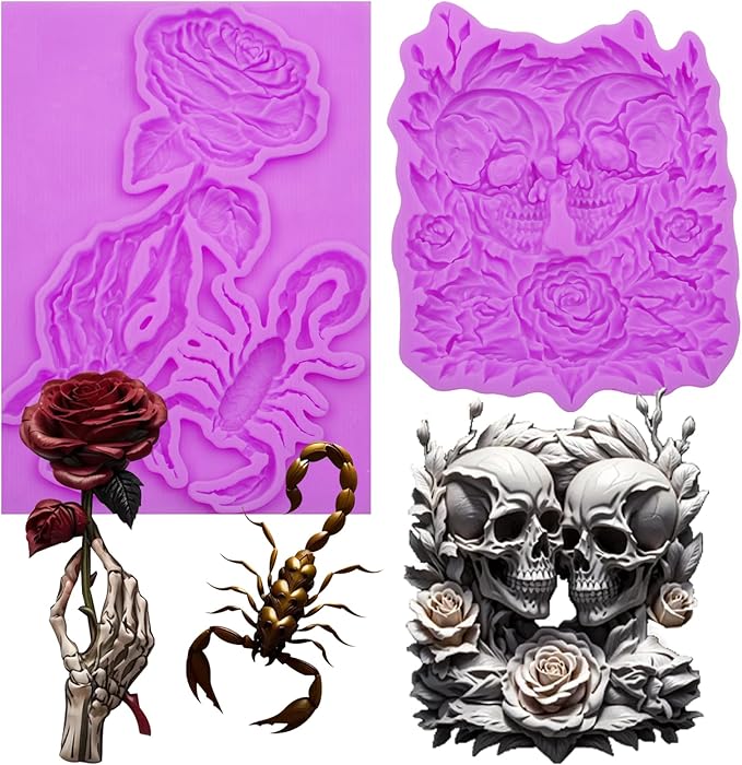 Gothic Silicone Molds, Skull and Rose Fondant Molds, 3 Pcs Skeleton Hand with Scorpion Chocolate Molds for Halloween Cake Decoration Candy Cupcake Topper Sugar Gum Paste Polymer Clay - sugar skull coffee cup