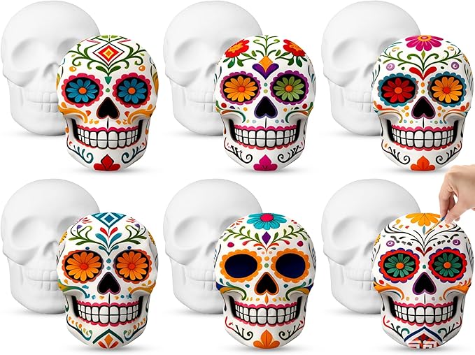 6 Pcs Halloween Skull Ceramic Ready to Paint 5 Inch Ready to Paint Your Own Sugar Skull Figurines Unpainted Plaster Arts and Crafts for Adults Day of The Dead Party Supplies (Classic) - sugar skull figurine collectible