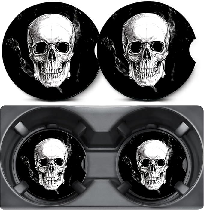 2 Pack Car Coasters for Cup Holders,Black and White Skull Head Car Cup Holder Coasters,2.75" Universal Size Anti Slip Rubber Mat,Car Interior Accessories for Women Men Mom - sugar skull car floor mats