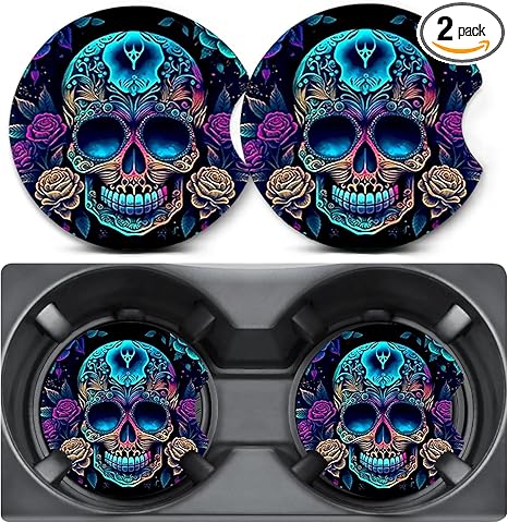2 Pack Car Coasters for Cup Holders,Skull Roses Car Cup Holder Coasters,2.75" Universal Size Anti Slip Rubber Mat,Car Cup Holder Decal Decor,Car Accessories Interior,Skull Roses Gifts for Men,Women - sugar skull car floor mats