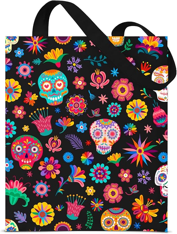 Sugar Skulls Canvas Tote Bag for Women Sugar Skulls and Floral Pattern Reusable Grocery Shopping Shoulder Bag Travel Totes Bags Gifts - canvas sugar skull tote bag