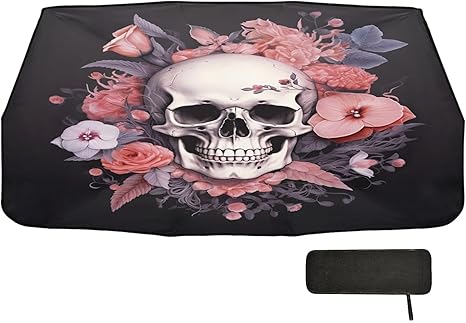 Rose Floral Sugar Skull Car Windshield Sunshade Umbrella,Foldable UV Protection & Heat Insulation Sun Shade Umbrella for Most Sedans SUV Trucks 58"x29" - sugar skull car sunshade for windshield