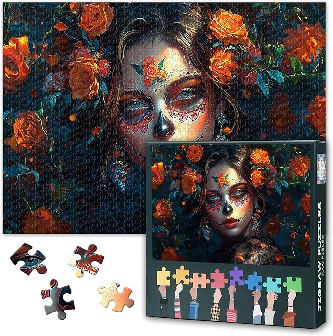 Sugar Skull Girl - Woman with Skull Flowers - Hallowmas - 1000 Piece Jigsaw Puzzle for Adults -Challenging Puzzle Perfect for Game Nights - Finished Size is 27.5"x19.6" - sugar skull poster print