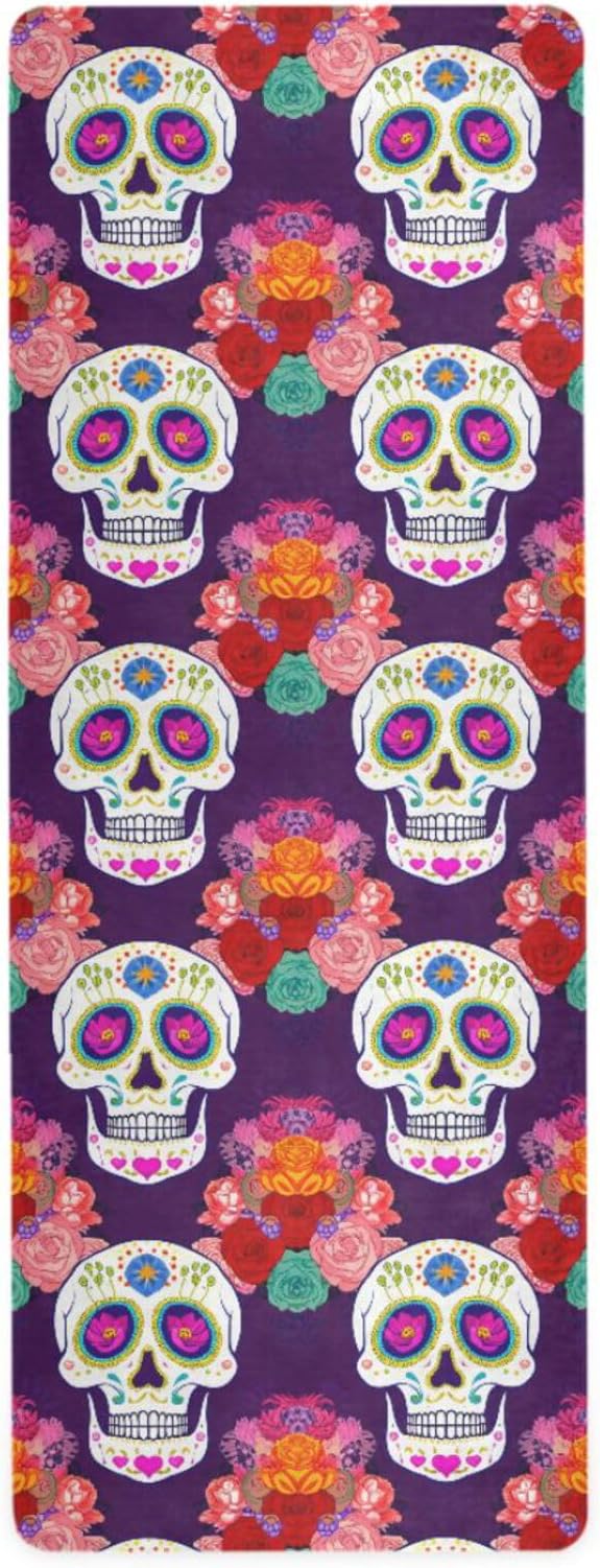Vibrant Sugar Skulls Thin Yoga Mat for Women Men, Non-Slip Rubber Base Sweat Absorbent Exercise Mat for Indoor/Outdoor, Portable Foldable with Storage Bag, 71"x26" - sugar skull yoga mat