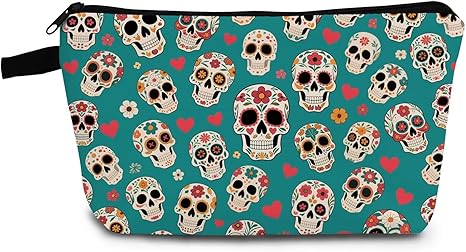 Floral Skull Makeup Bag Cute Small Organizer Bag with Zipper Mexican Folk Art Sugar Skull Cosmetic Bag Aesthetic Birthday Present for Women Friends -1 - sugar skull handbags for sale