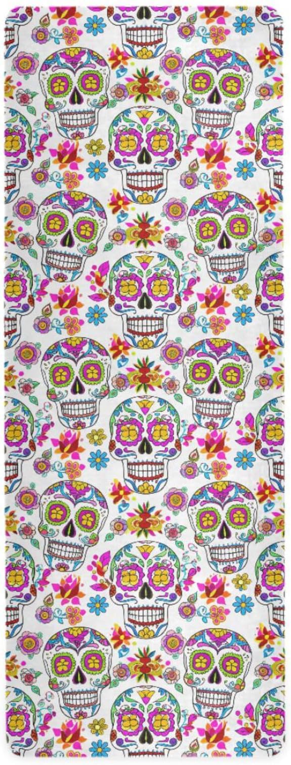 Sunlit Sugar Skulls Thin Yoga Mat for Women Men, Non-Slip Rubber Base Sweat Absorbent Exercise Mat for Indoor/Outdoor, Portable Foldable with Storage Bag, 71"x26" - sugar skull yoga mat
