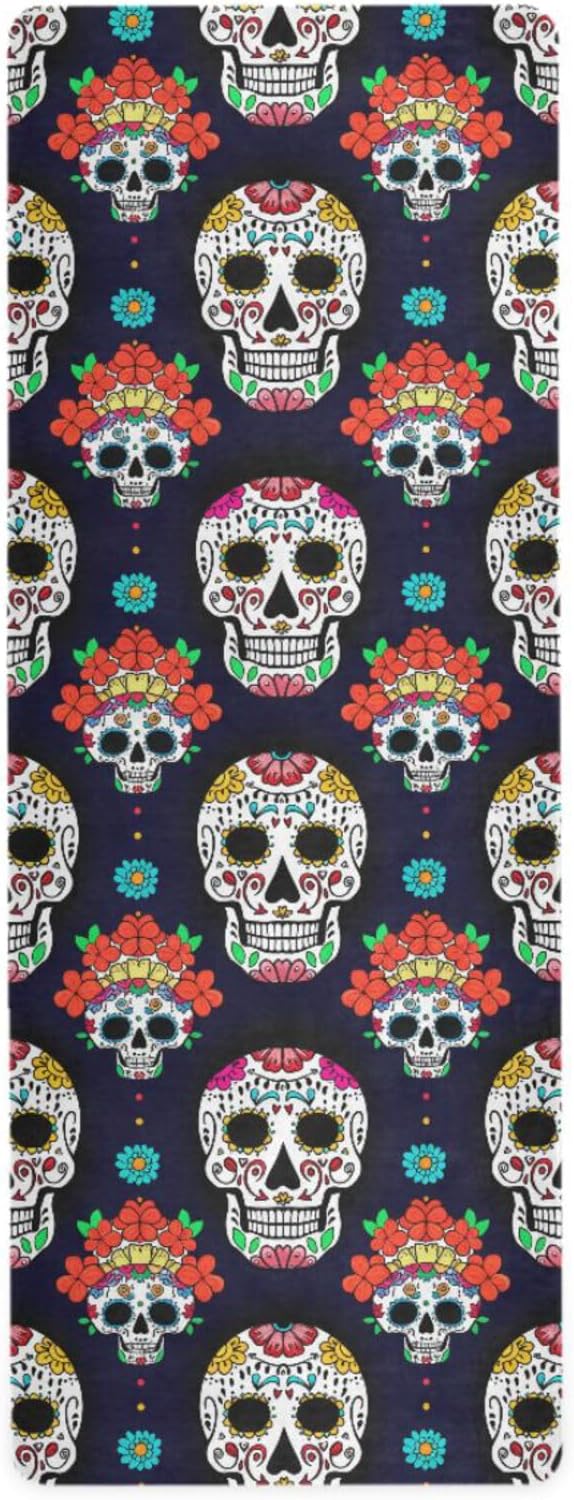 Luminous Sugar Skulls Thin Yoga Mat for Women Men, Non-Slip Rubber Base Sweat Absorbent Exercise Mat for Indoor/Outdoor, Portable Foldable with Storage Bag, 71"x26" - sugar skull yoga mat