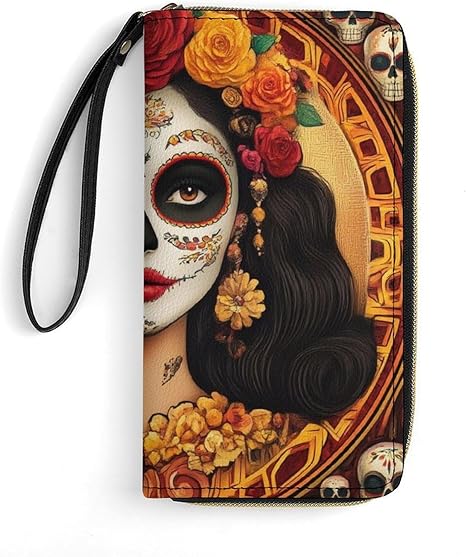 Stylish Wallet for Women, Waterproof Long Purse Mexican Sugar Skull Flower Women Day of The Dead Art Credit Card Holder Zipper Card Case Wallet with Multiple Card Slots - sugar skull wallets for women
