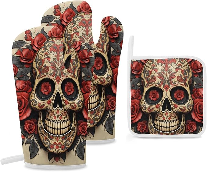 Red Rose Sugar Skull Oven Mitt and Pot Holders Sets Funny Kitchen Oven Glove Hot Pad Heat Resistant Microwave Gloves Kitchen Gift for Women Bake Lover Housewarming Gifts - sugar skull oven mitts