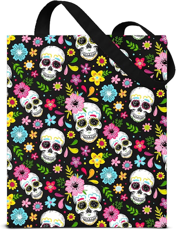 Sugar Skulls Canvas Tote Bag for Women Sugar Skulls Floral Print Reusable Grocery Shoulder Bag for Shopping Work Travel Everyday Use - canvas sugar skull tote bag