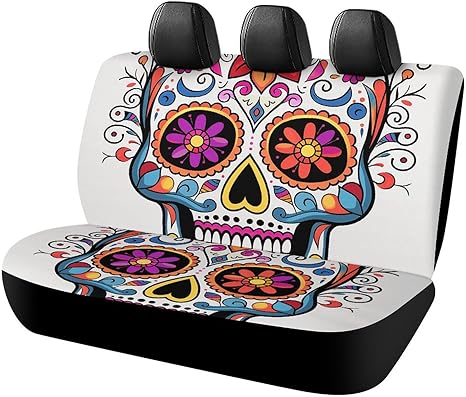 Car Rear Seat Covers Cushion Protective Cover Sugar Skull Print Interior Backseat Covers Durable Non-Slip for Cars, Vans, Trucks，SUV - sugar skull car pet seat cover