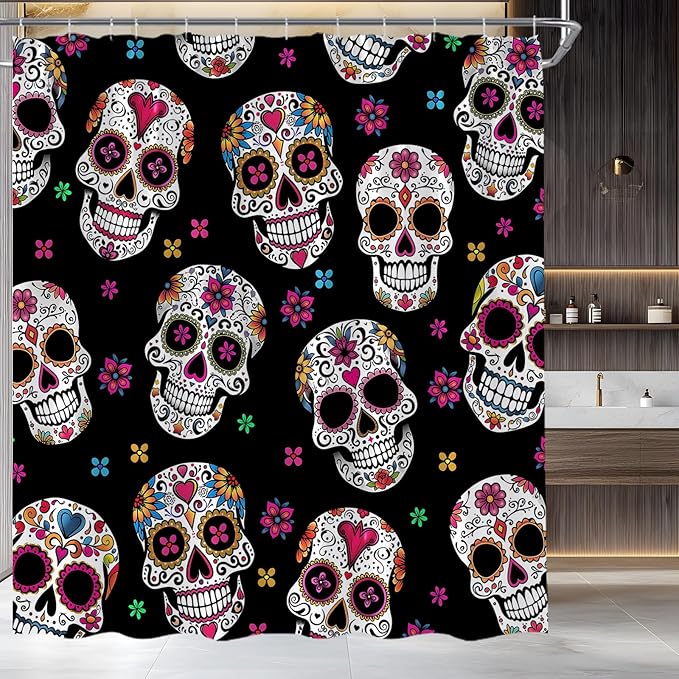 Sugar Skull Shower Curtain Halloween Gothic Skeleton Floral Mexican Day of The Dead Horror Boho Flower Fabric Bathroom Decor Bath Curtain with Hooks - sugar skull shower curtain set