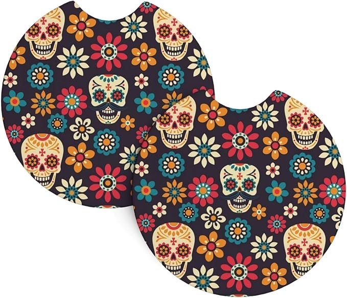 Halloween Ghost Sugar Skull Car Cup Mat 2-Piece Set - A Premium Beverage Mat Suitable for Cars, Trucks, Suvs, and Boats - sugar skull car floor mats