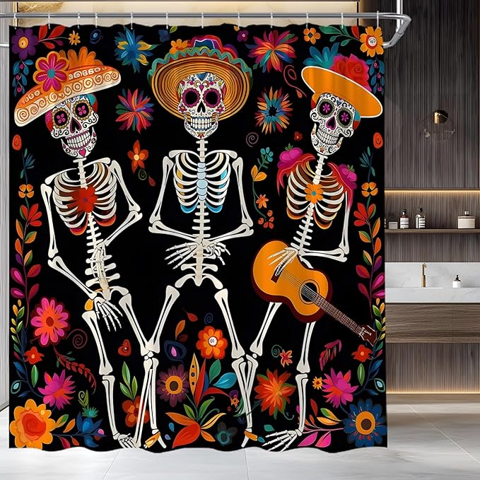 Sugar Skull Shower Curtain Funny Dancing Skeleton Gothic Halloween Mexican Day of The Dead Colorful Floral Fabric Bathroom Decor Bath Curtain with Hooks - sugar skull shower curtain set