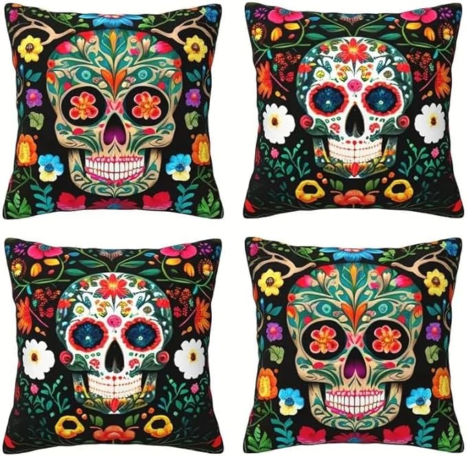 Set of 4 Day of The Dead Skull Linen Pillow Covers 18x18inch, Mexican Style Throw Pillowcase Dia De Los Muertos Decorative Skull with Colorful Floral Cushion Cover for Halloween Outdoor Home Bed Sofa - sugar skull throw pillow