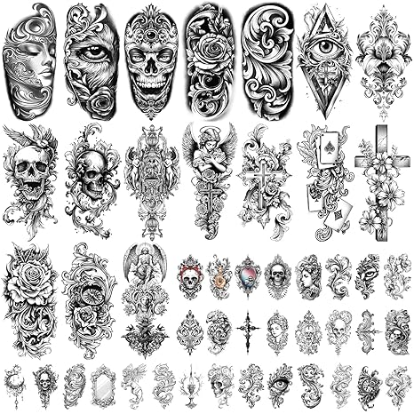Temporary Tattoos for Adults, 47 Sheets Baroque Religious Flower Skull Designs Fake Tattoos, 17 Half Arm tat and 30 Small temp Tattoos - sugar skull temporary tattoo